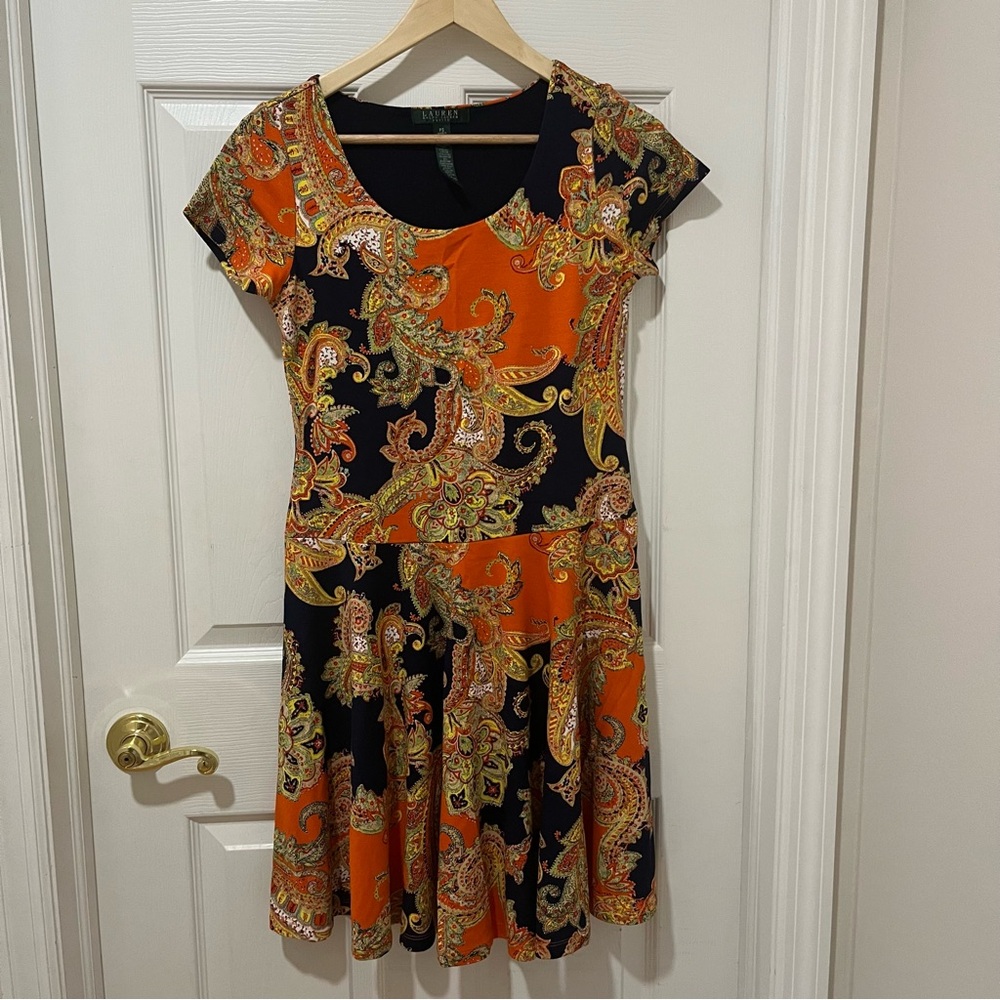 Lauren Ralph Lauren Petite PS Paisley Fit & Flare‎ Dress Orange Navy Multicolor